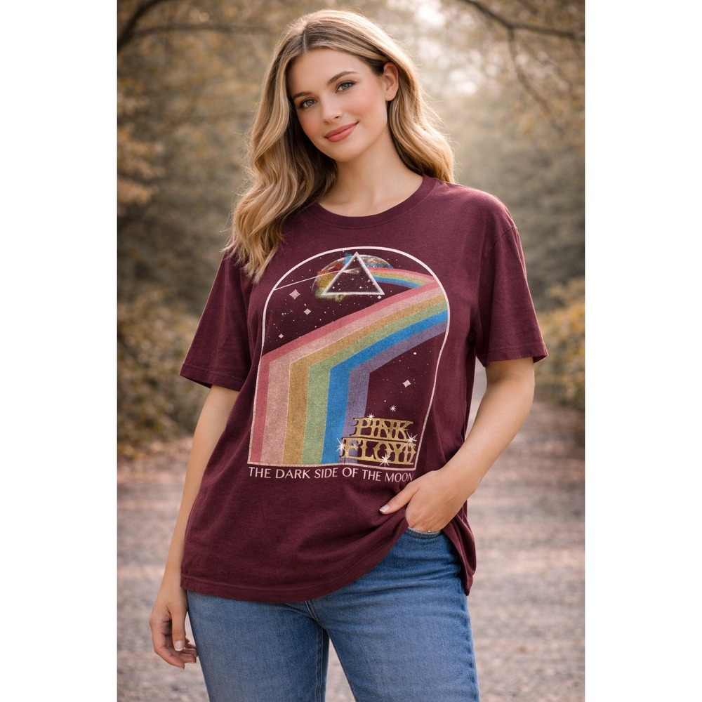 Pink Floyd Dark Side of the Moon Graphic T-Shirt Burgundy XXL Short Sleeve Rock